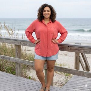 Freeport Studio 100% Washable Silk Shirt Sz 3X Coral Beachy Coastal Quiet Luxury